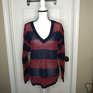 Tommy Hilfiger V-Neck Sweater in Red & Blue Size L